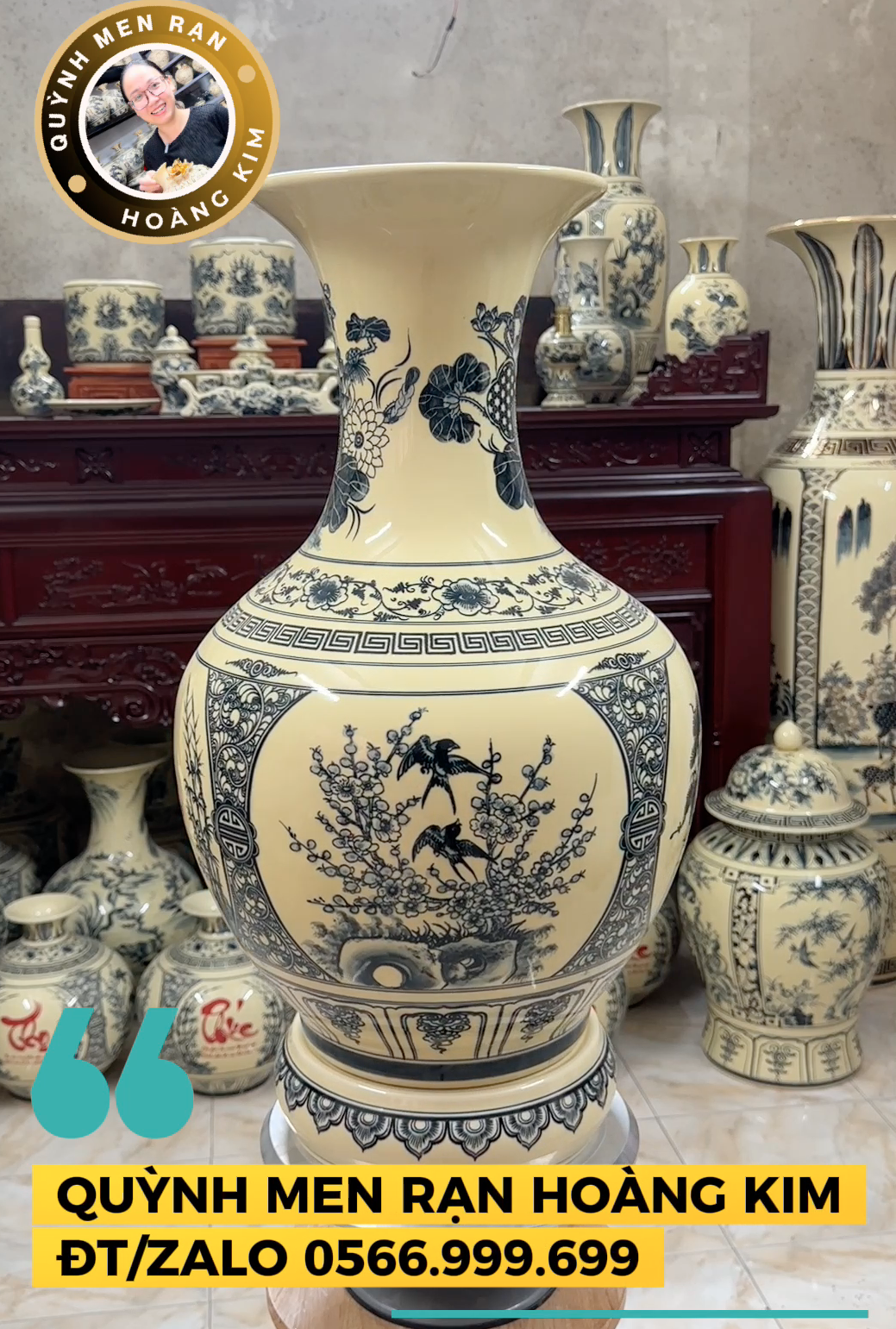 Lọ tỏi vẽ mộc Tứ cảnh chữ Phúc – Men rạn hoàng kim - Hình ảnh 2