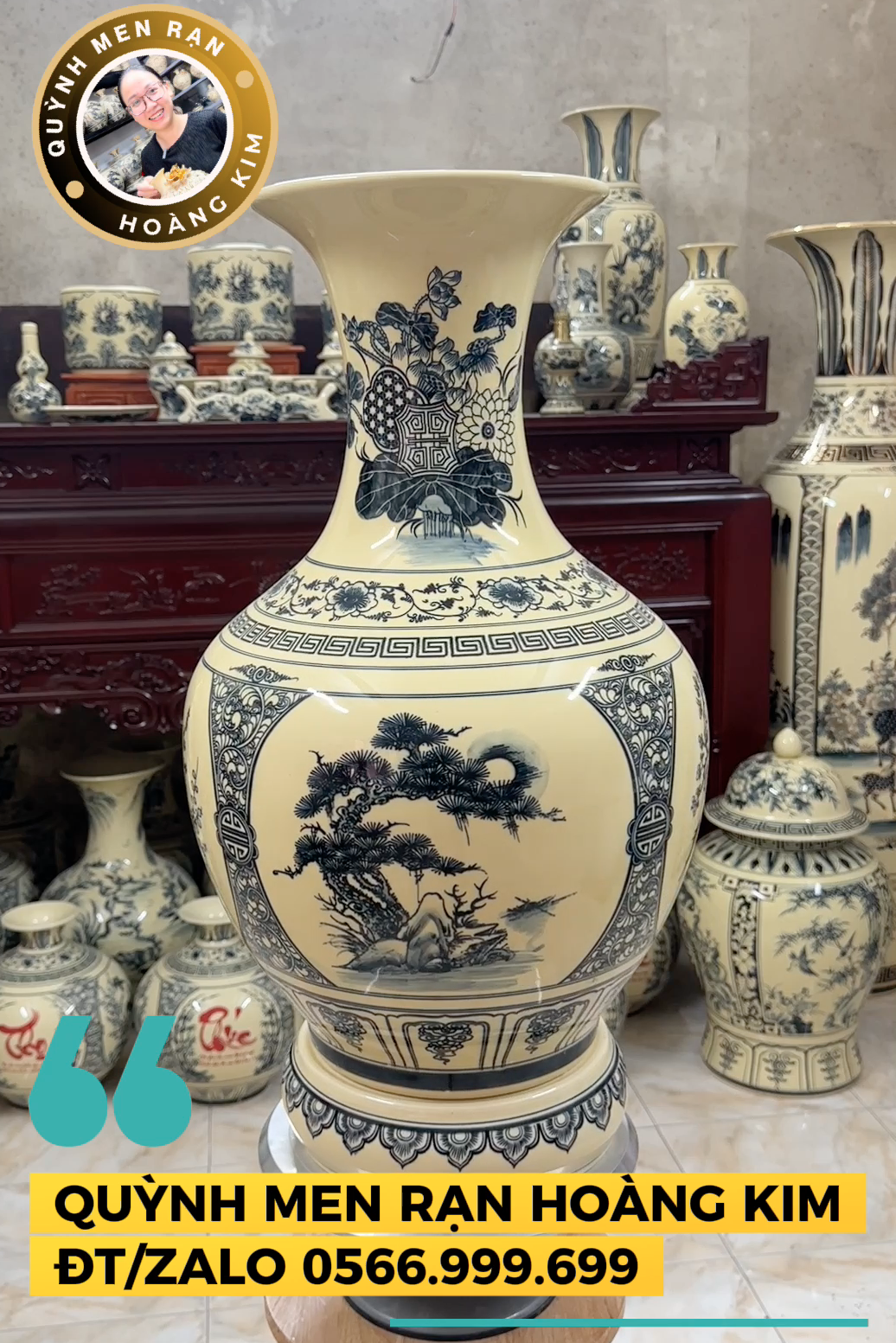 Lọ tỏi vẽ mộc Tứ cảnh chữ Phúc – Men rạn hoàng kim - Hình ảnh 3